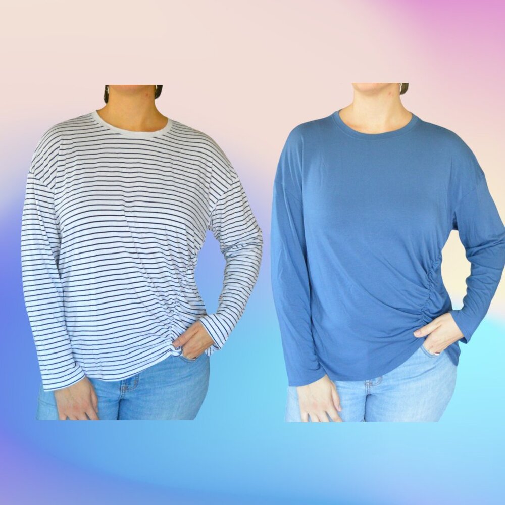 Time and Tru Long Sleeve Ruched Top Bundle Size XL (16-18) Blue White Stripes
